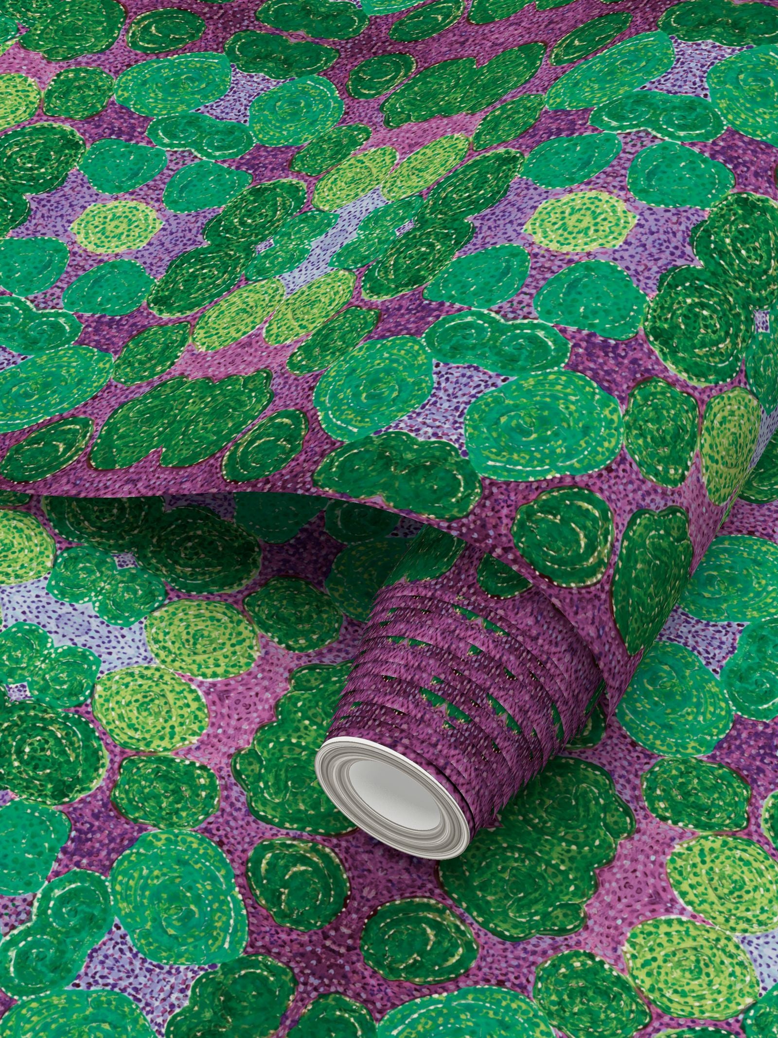 Turning up Roses Wallpaper - Green & Purple