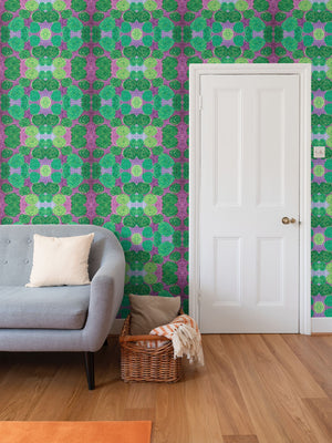 Turning up Roses Wallpaper - Green & Purple