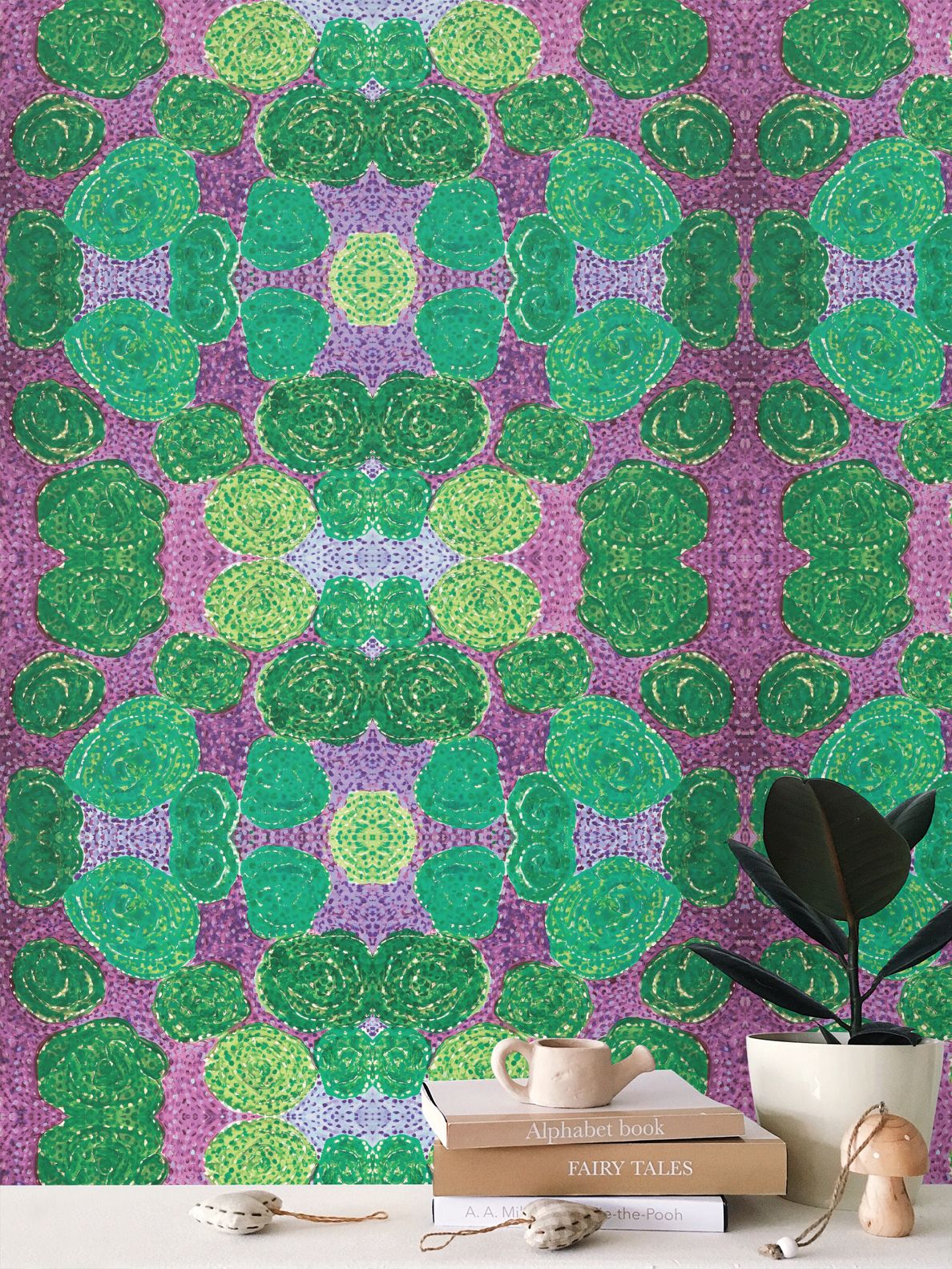 Turning up Roses Wallpaper - Green & Purple