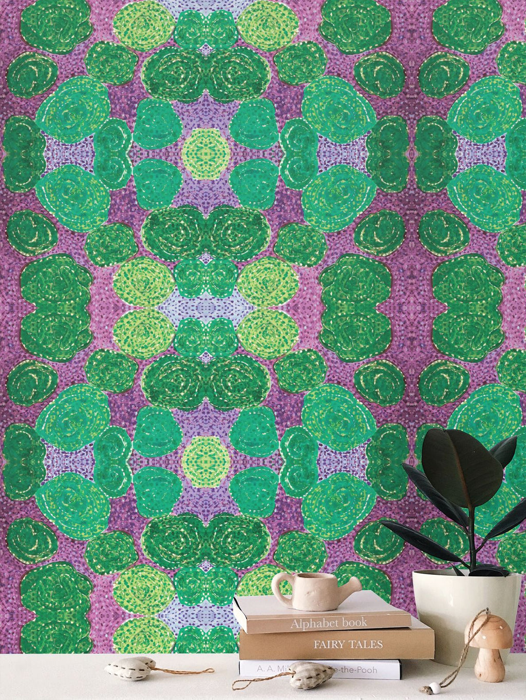 Turning up Roses Wallpaper - Green & Purple