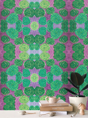 Turning up Roses Wallpaper - Green & Purple