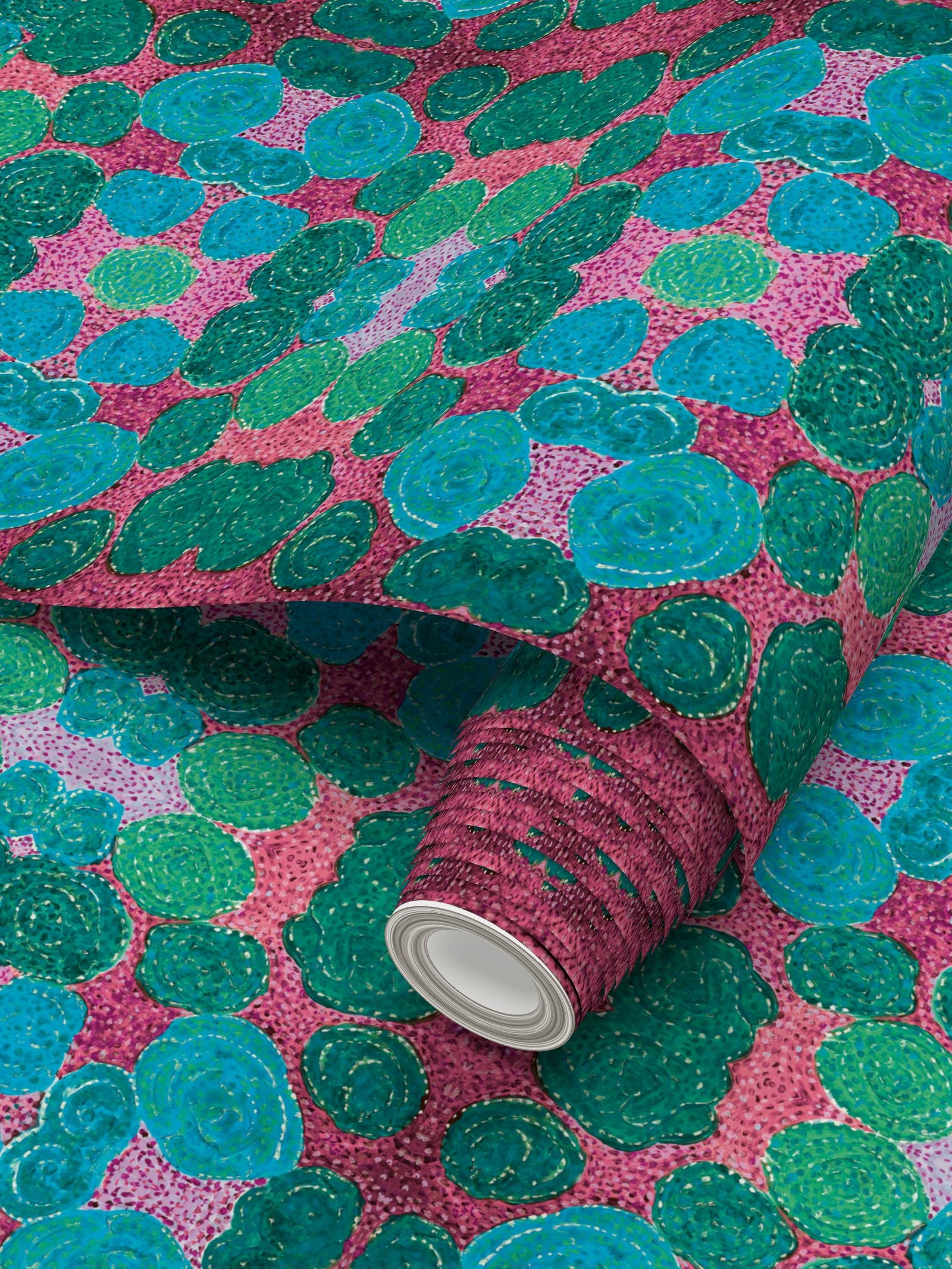 Turning up Roses Wallpaper - Blue & Pink
