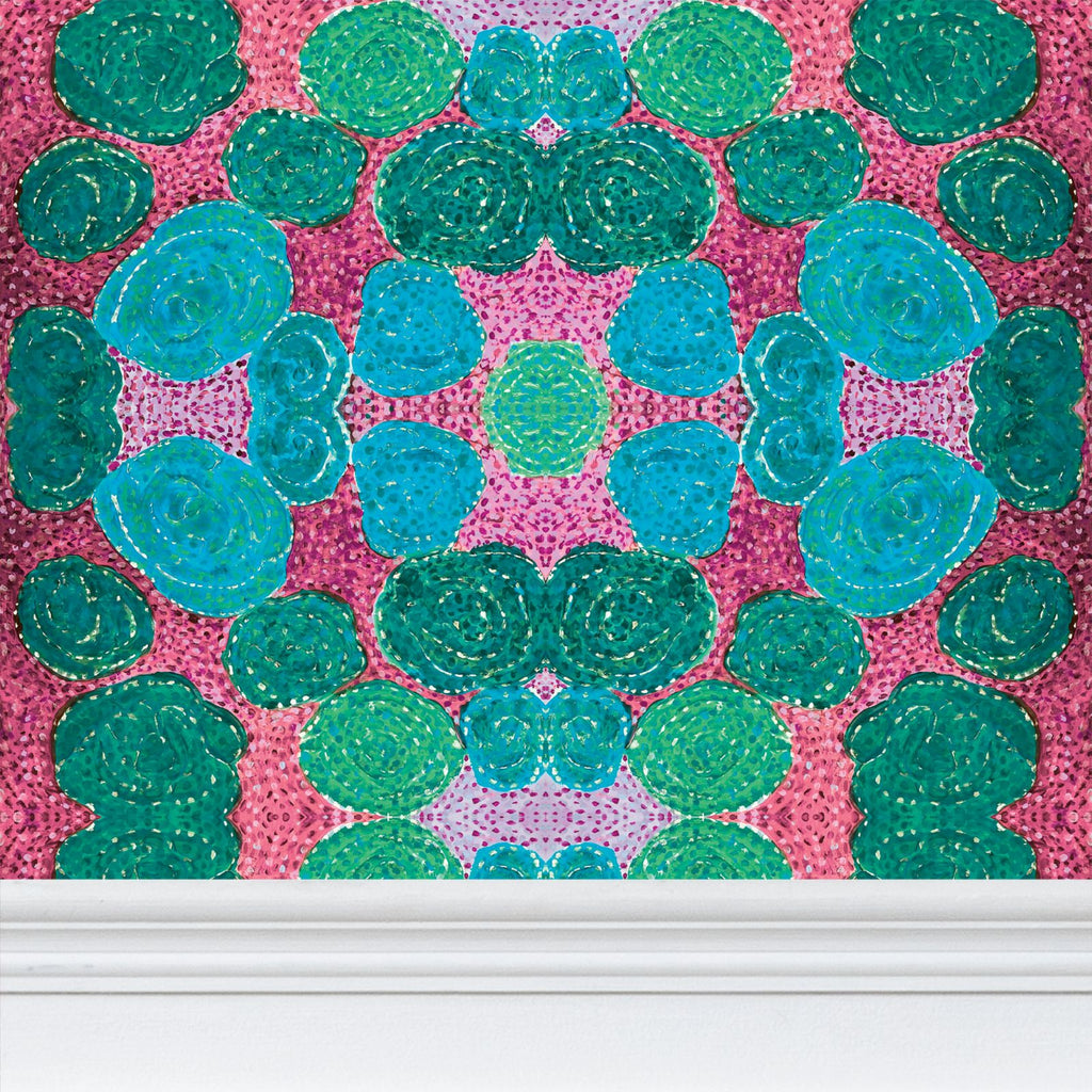 Turning up Roses Wallpaper - Blue & Pink