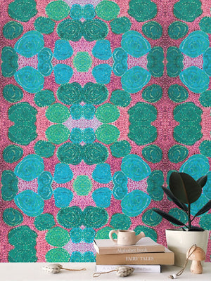 Turning up Roses Wallpaper - Blue & Pink
