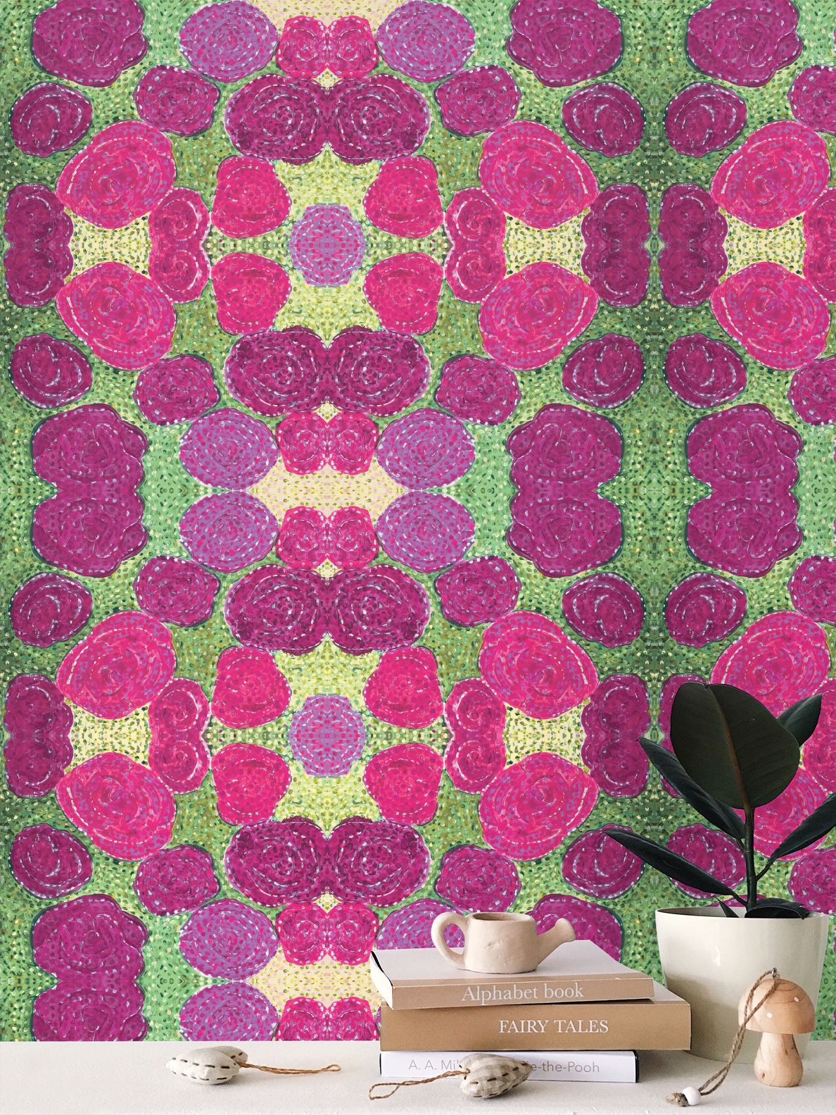 Turning up Roses Wallpaper - Pink & Green