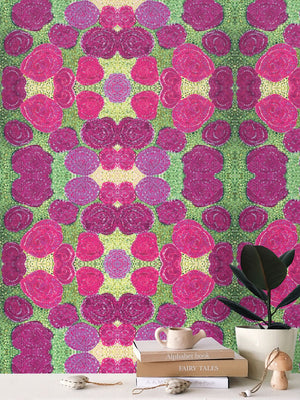 Turning up Roses Wallpaper - Pink & Green
