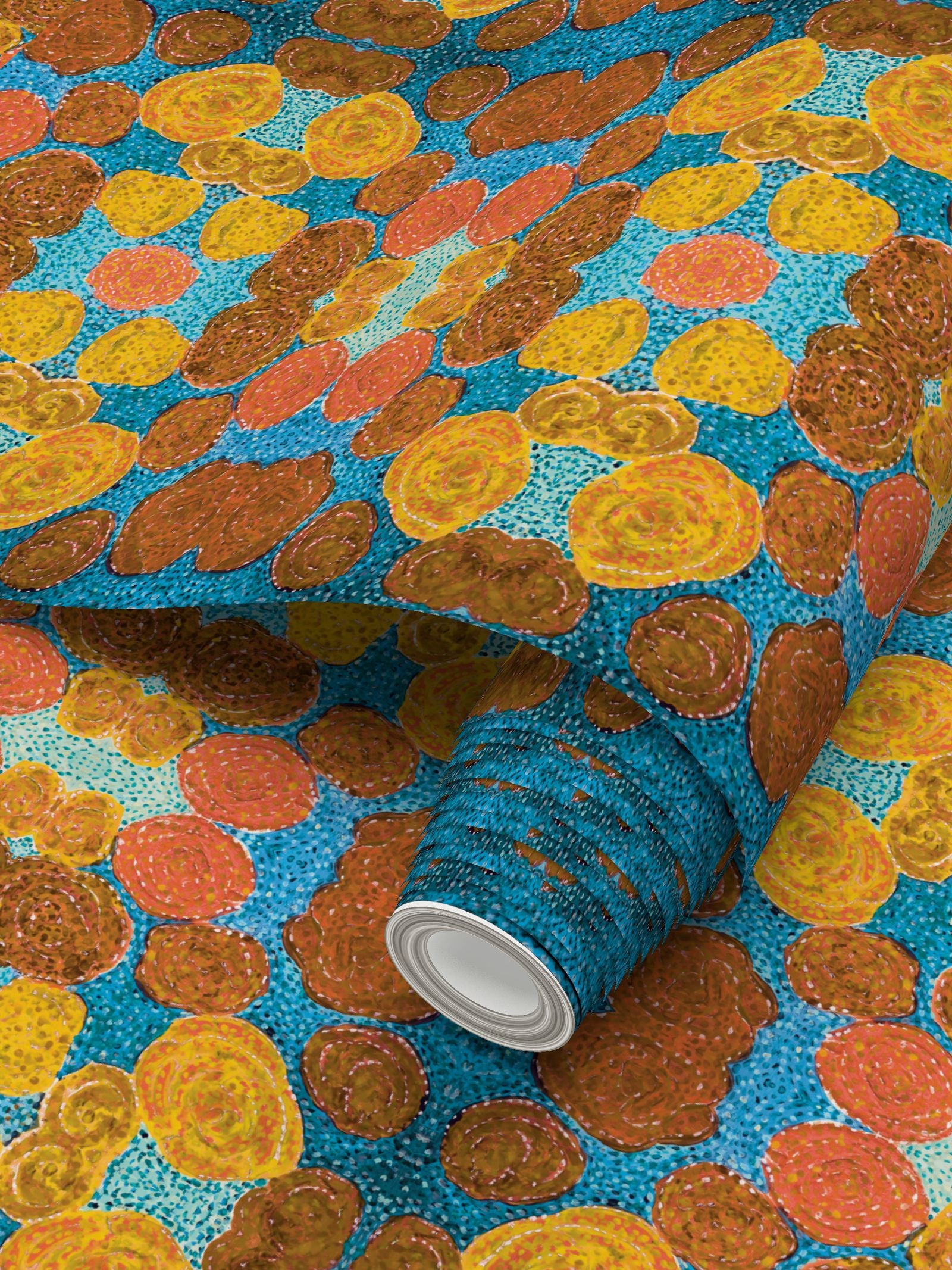 Turning up Roses Wallpaper - Orange & Blue