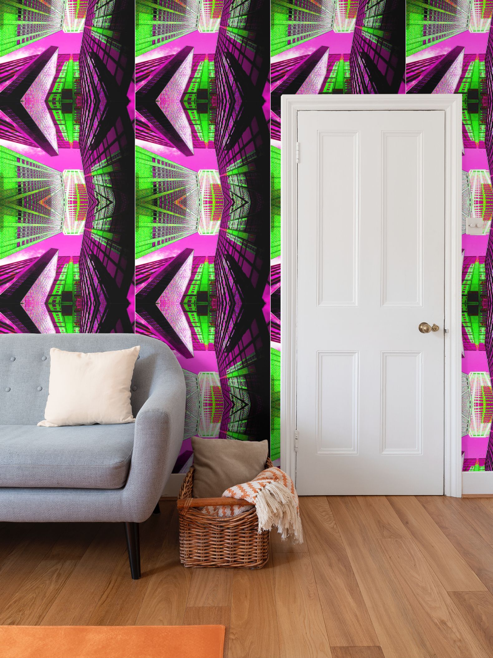 New York Neon Skyscaper Pattern Wallpaper