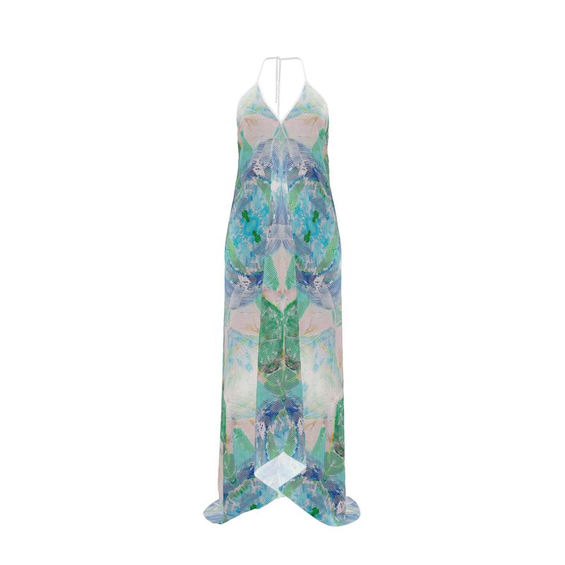 Electric Waves Blue Halterneck Backless Dress