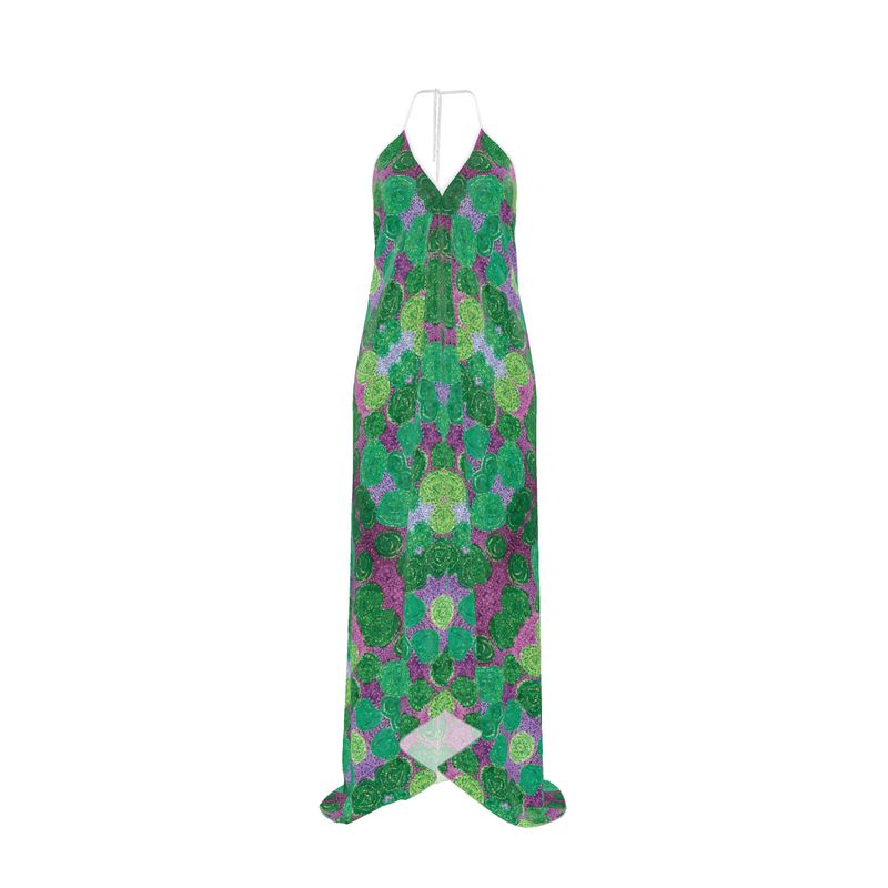 Turning Up Roses Green and Purple Halterneck Backless Dress